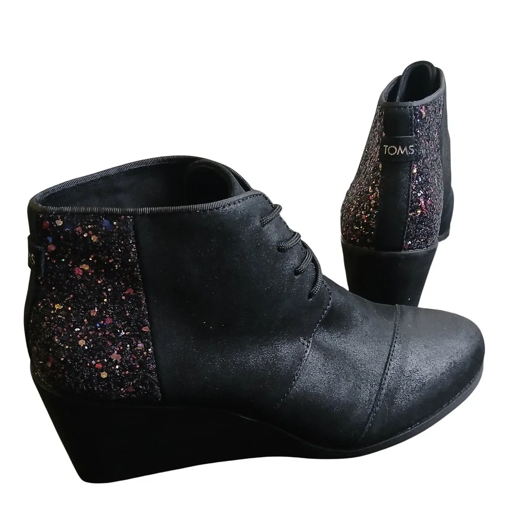 TOMS Kala Black Metallic Multi Glitter Lace Up Wedge Ankle Booties Womens 9